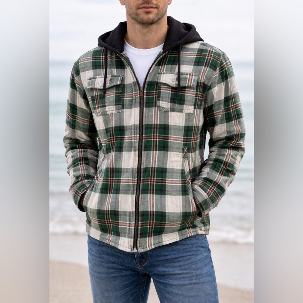 Kismet size xs Green Plaid Zip-Up Sweater Jacket gray hood fall campfire vibes